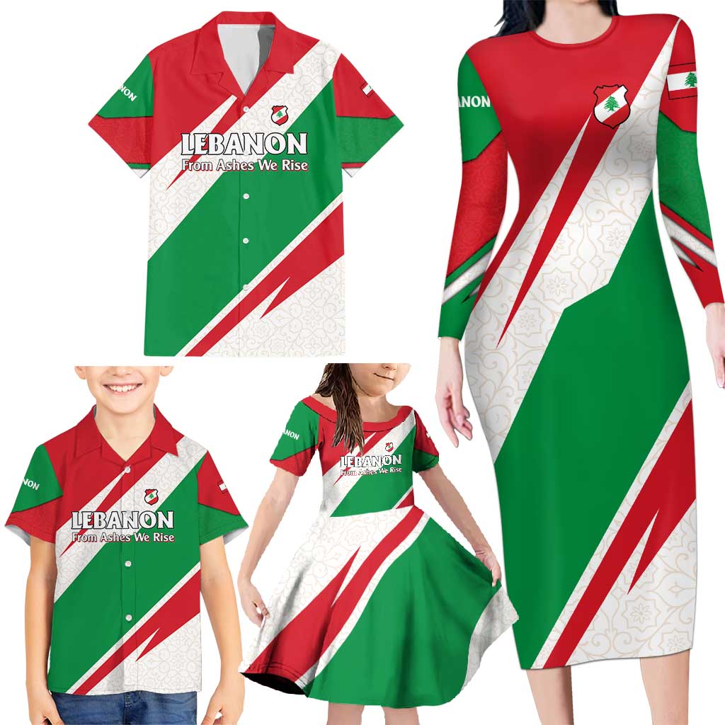 Lebanon Phoenix Family Matching Long Sleeve Bodycon Dress and Hawaiian Shirt with Cedar Flag Colors and Inspirational Quote