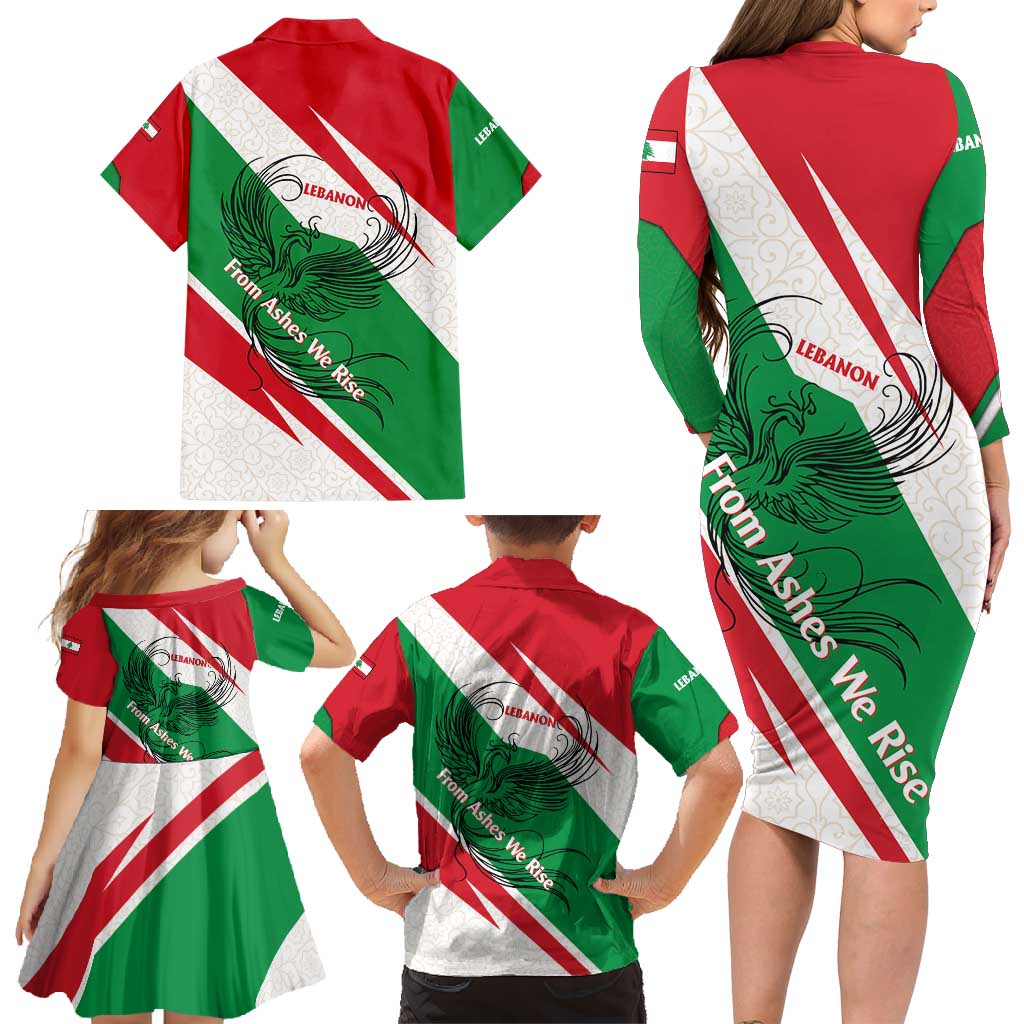 Lebanon Phoenix Family Matching Long Sleeve Bodycon Dress and Hawaiian Shirt with Cedar Flag Colors and Inspirational Quote