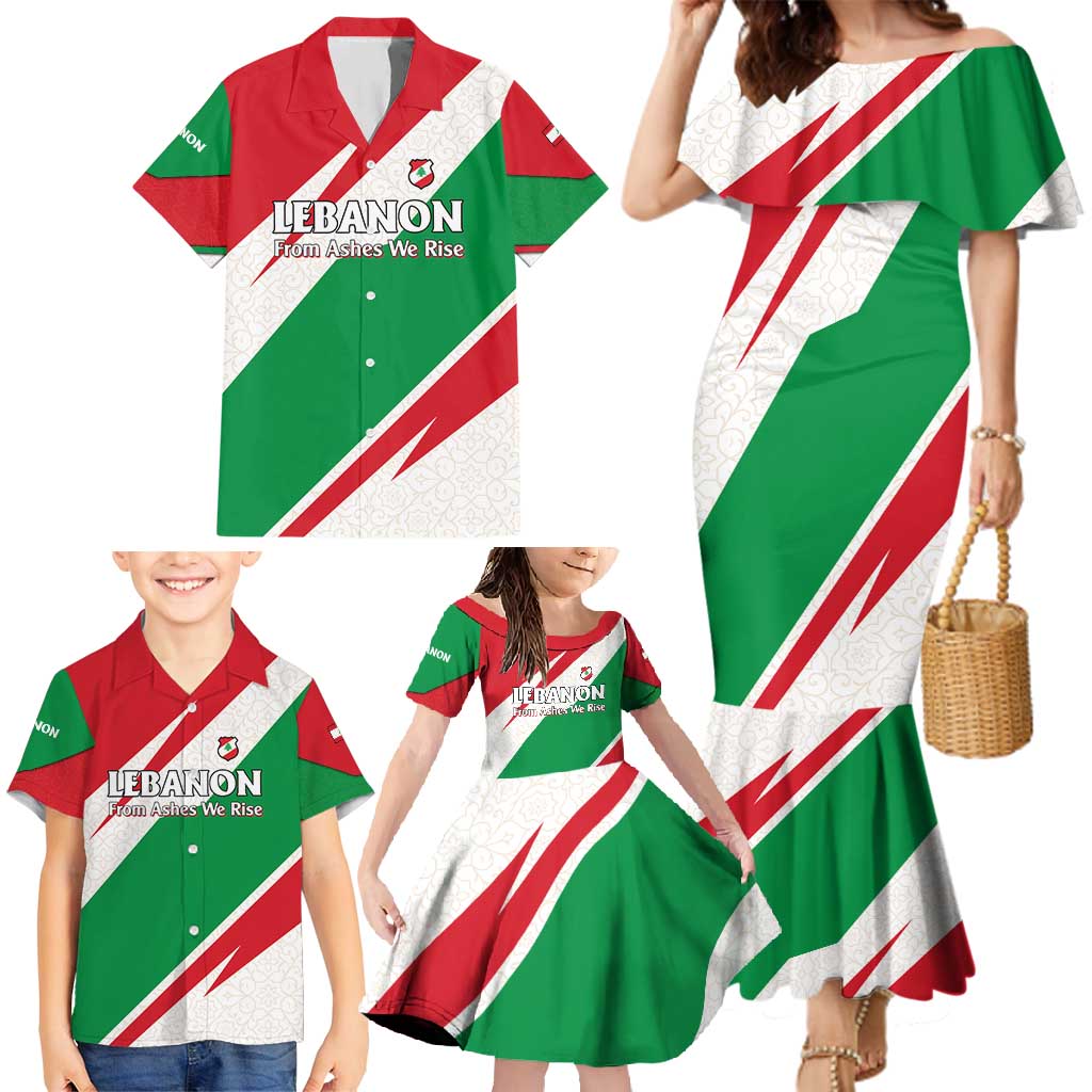 Lebanon Phoenix Family Matching Mermaid Dress and Hawaiian Shirt with Cedar Flag Colors and Inspirational Quote