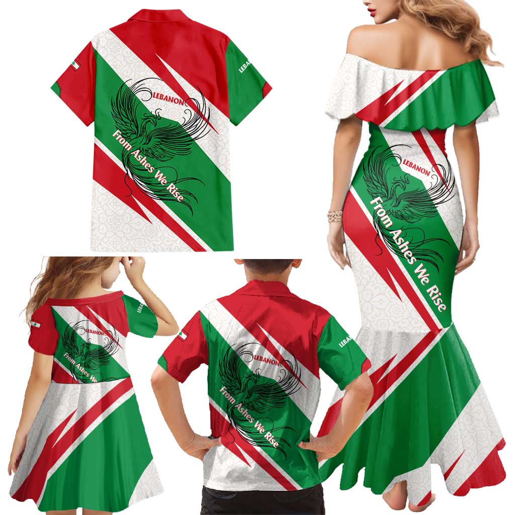 Lebanon Phoenix Family Matching Mermaid Dress and Hawaiian Shirt with Cedar Flag Colors and Inspirational Quote