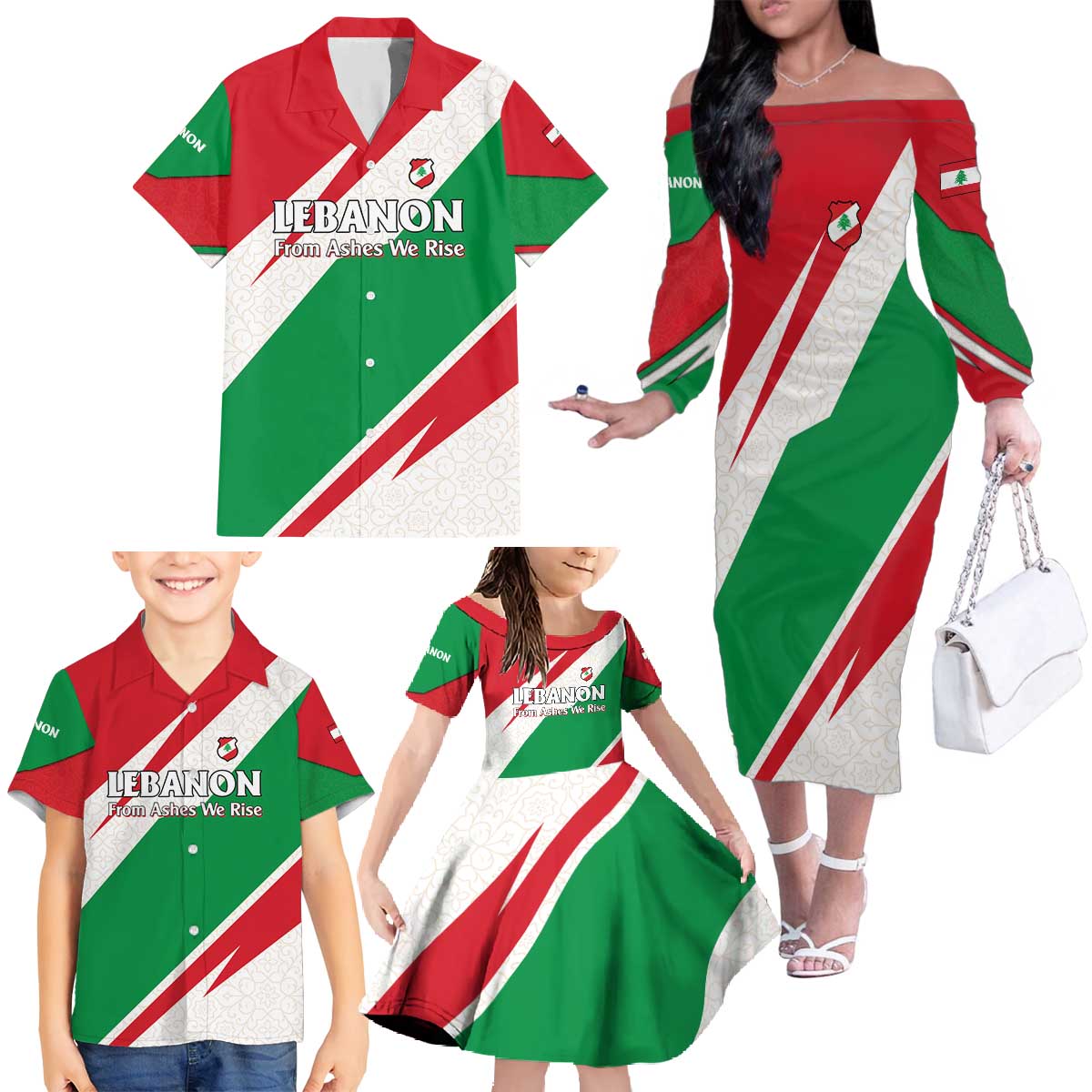 Lebanon Phoenix Family Matching Off The Shoulder Long Sleeve Dress and Hawaiian Shirt with Cedar Flag Colors and Inspirational Quote