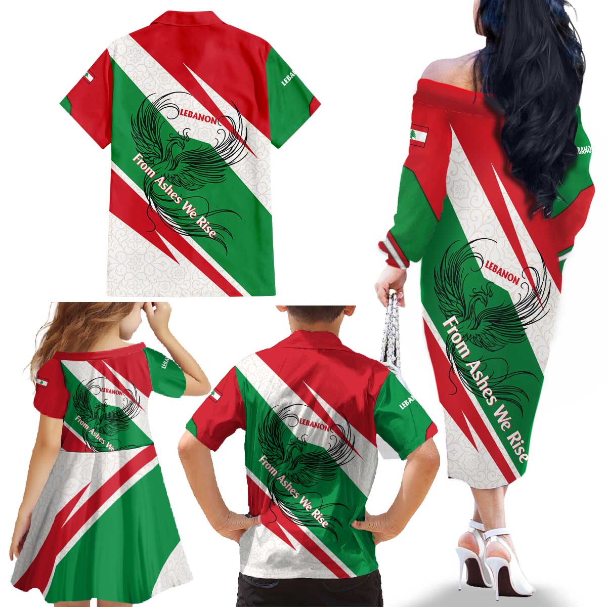 Lebanon Phoenix Family Matching Off The Shoulder Long Sleeve Dress and Hawaiian Shirt with Cedar Flag Colors and Inspirational Quote