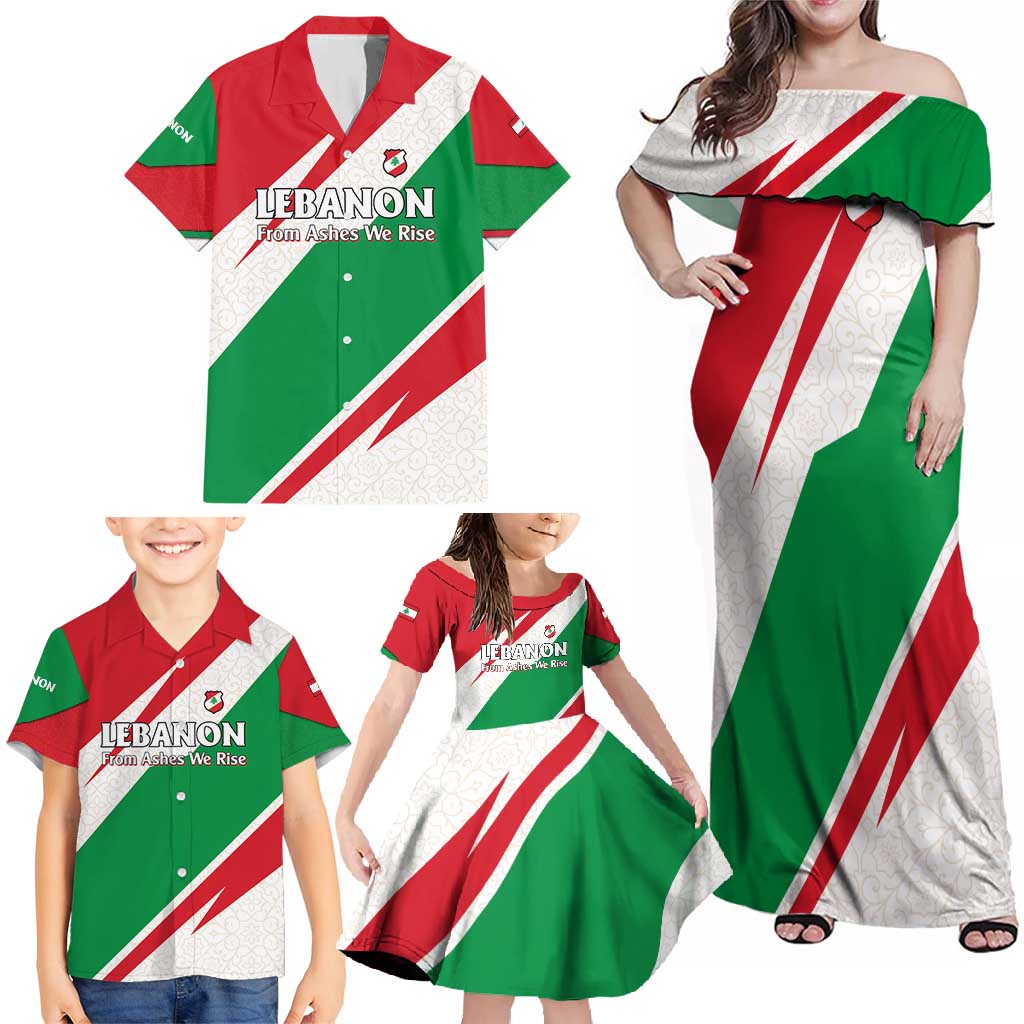 Lebanon Phoenix Family Matching Off Shoulder Maxi Dress and Hawaiian Shirt with Cedar Flag Colors and Inspirational Quote