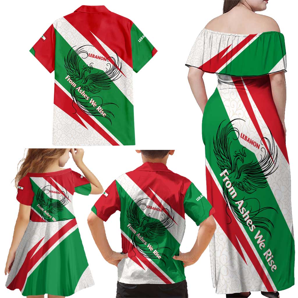 Lebanon Phoenix Family Matching Off Shoulder Maxi Dress and Hawaiian Shirt with Cedar Flag Colors and Inspirational Quote