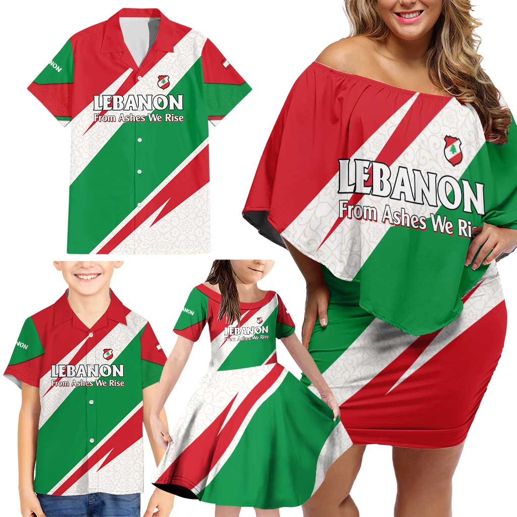 Lebanon Phoenix Family Matching Off Shoulder Short Dress and Hawaiian Shirt with Cedar Flag Colors and Inspirational Quote