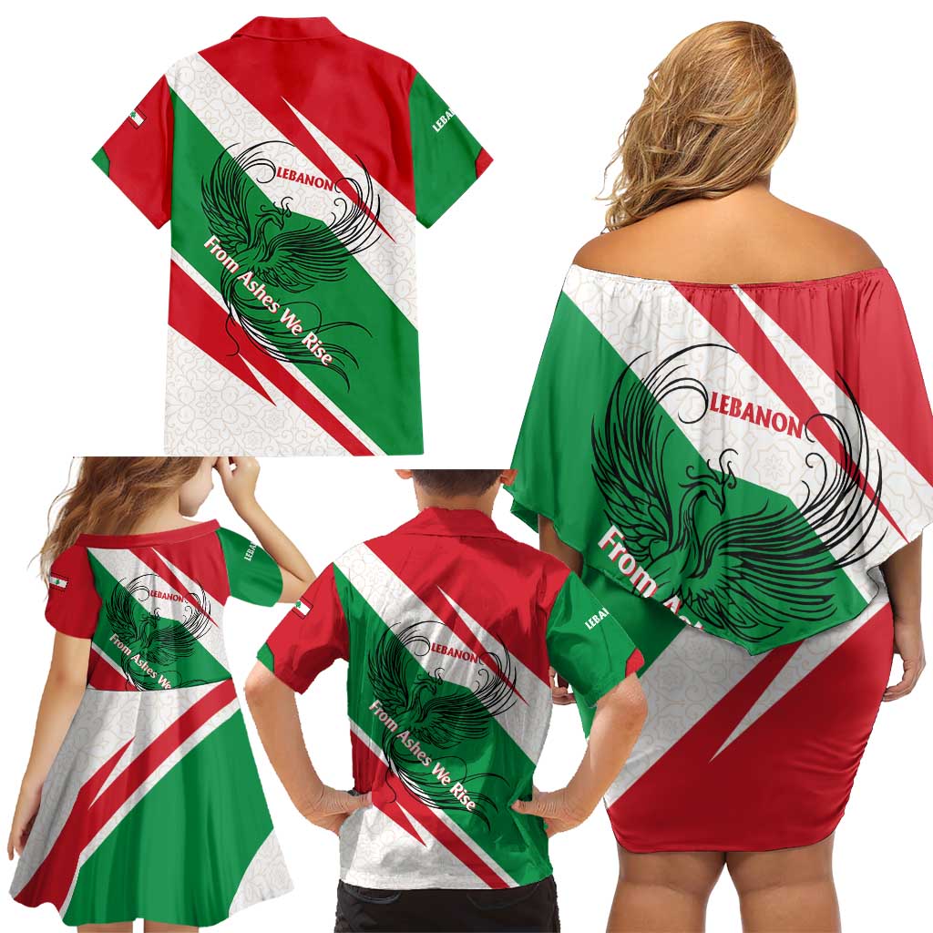 Lebanon Phoenix Family Matching Off Shoulder Short Dress and Hawaiian Shirt with Cedar Flag Colors and Inspirational Quote