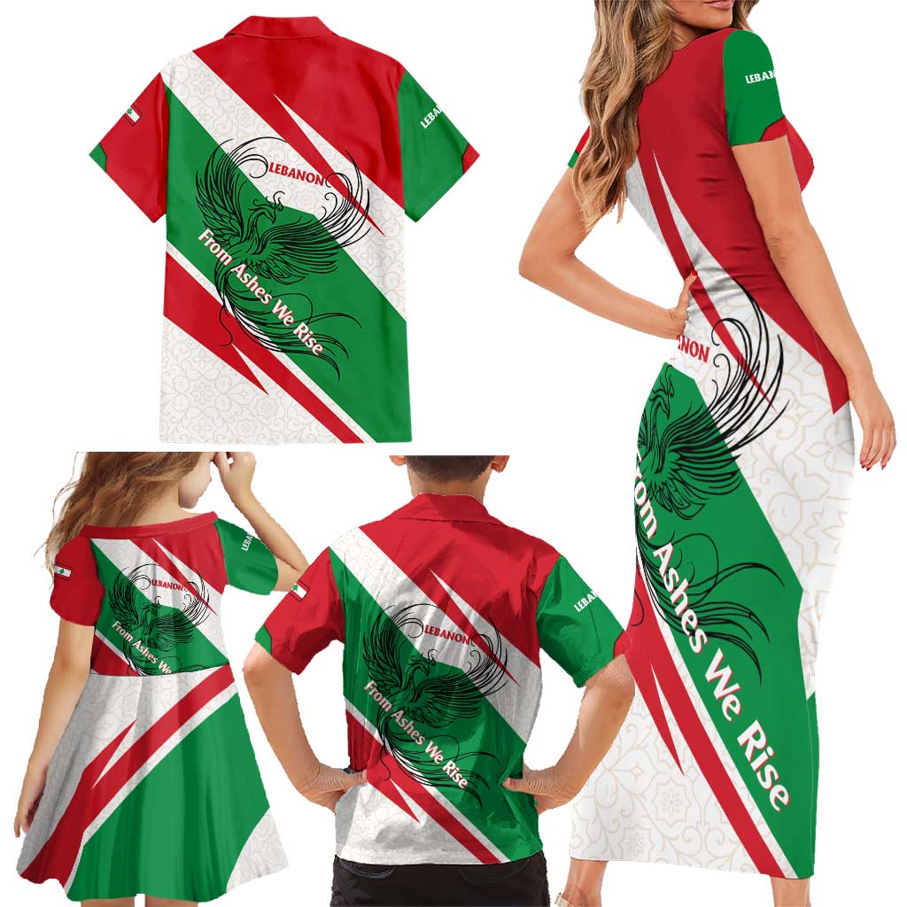 Lebanon Phoenix Family Matching Short Sleeve Bodycon Dress and Hawaiian Shirt with Cedar Flag Colors and Inspirational Quote