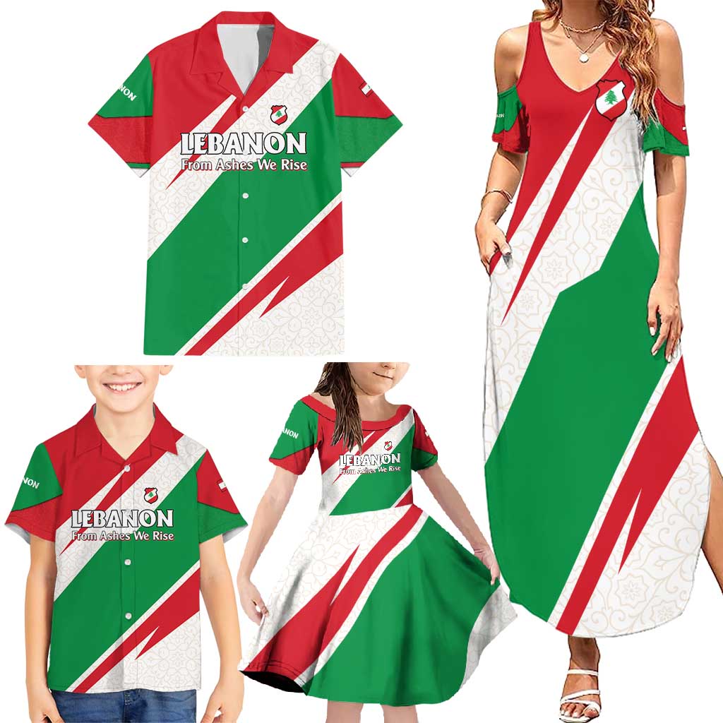 Lebanon Phoenix Family Matching Summer Maxi Dress and Hawaiian Shirt with Cedar Flag Colors and Inspirational Quote