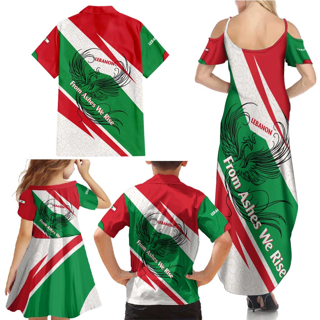 Lebanon Phoenix Family Matching Summer Maxi Dress and Hawaiian Shirt with Cedar Flag Colors and Inspirational Quote