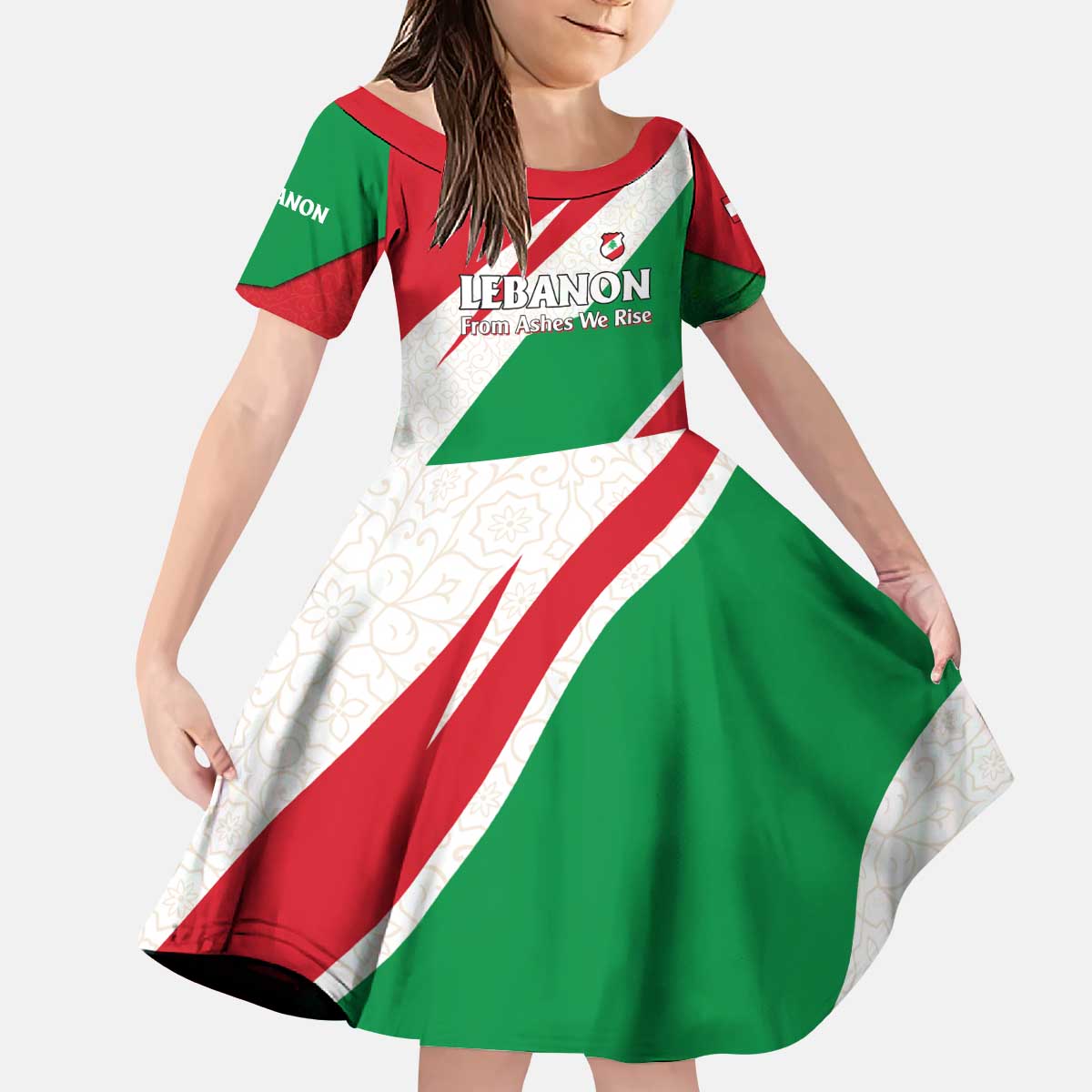 Lebanon Phoenix Kid Short Sleeve Dress with Cedar Flag Colors and Inspirational Quote