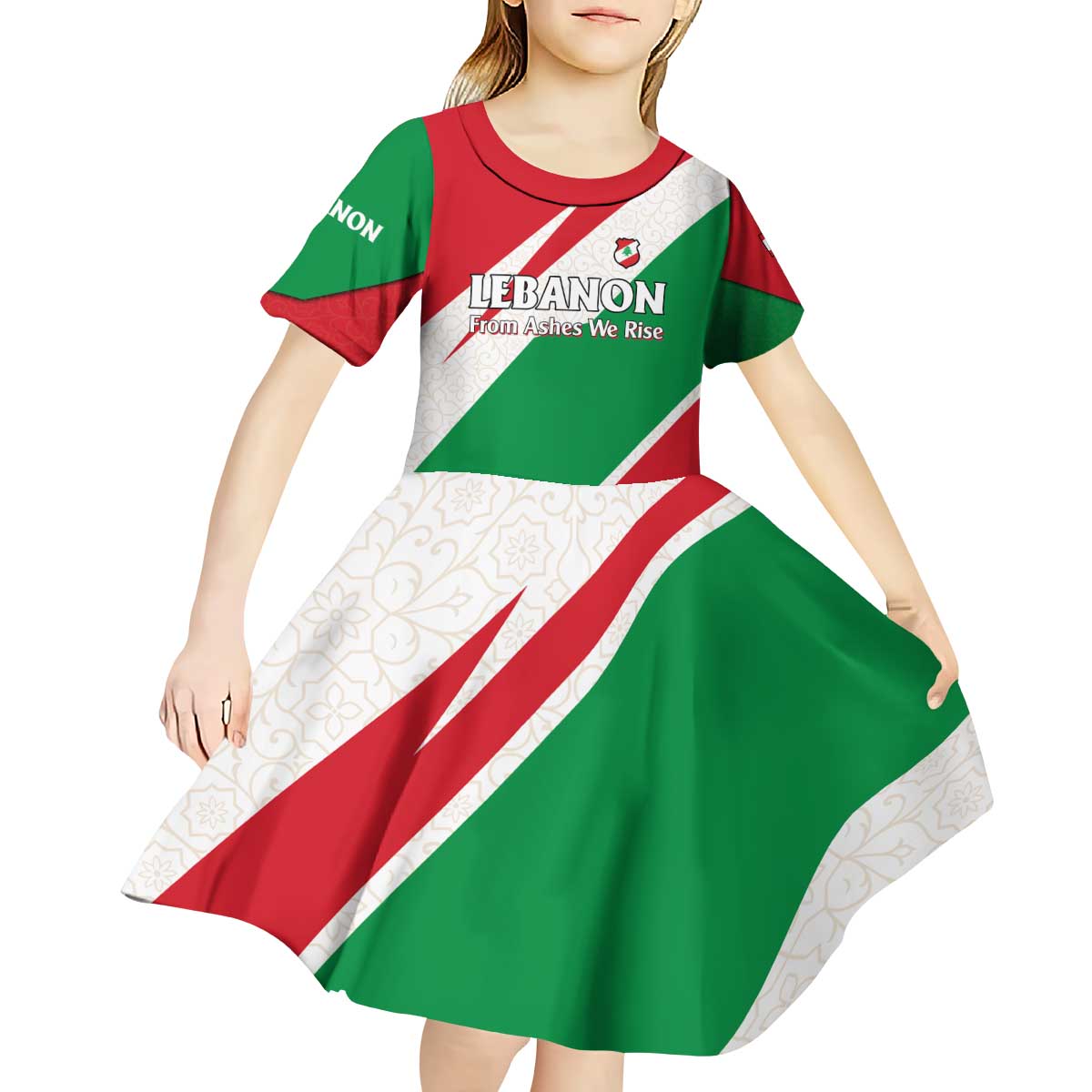 Lebanon Phoenix Kid Short Sleeve Dress with Cedar Flag Colors and Inspirational Quote