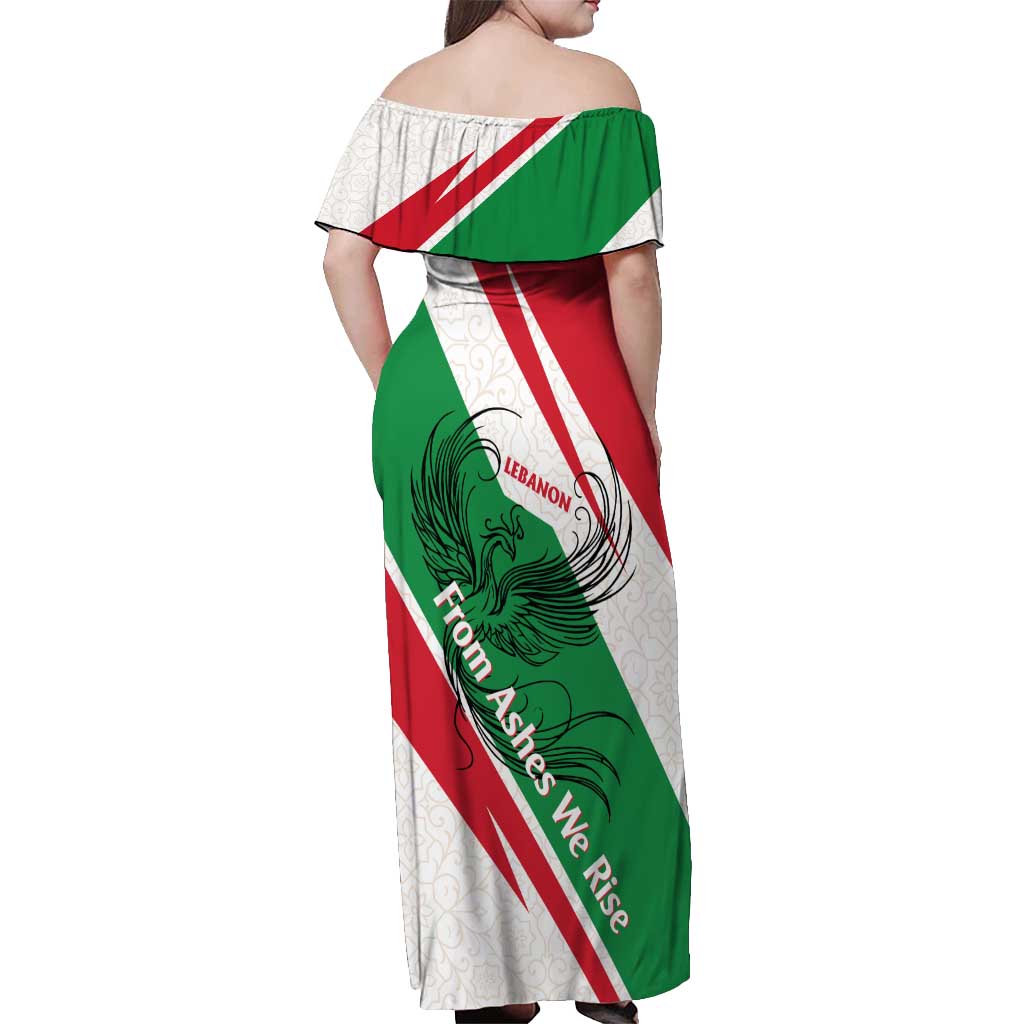 Lebanon Phoenix Off Shoulder Maxi Dress with Cedar Flag Colors and Inspirational Quote