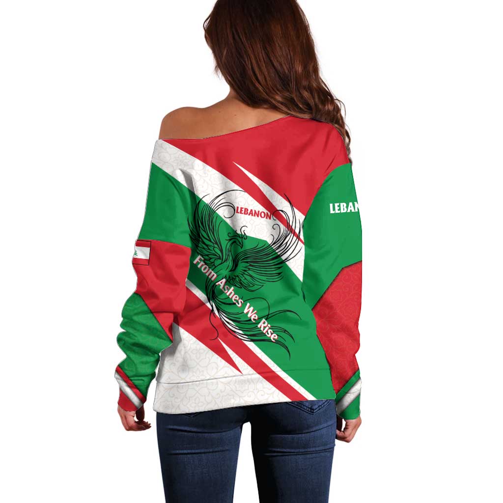 Lebanon Phoenix Off Shoulder Sweater with Cedar Flag Colors and Inspirational Quote
