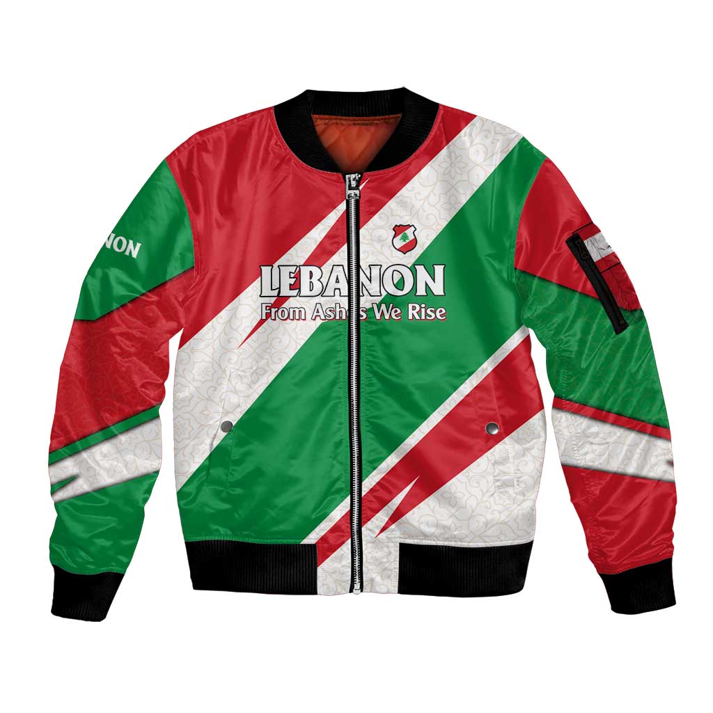 Lebanon Phoenix Sleeve Zip Bomber Jacket with Cedar Flag Colors and Inspirational Quote