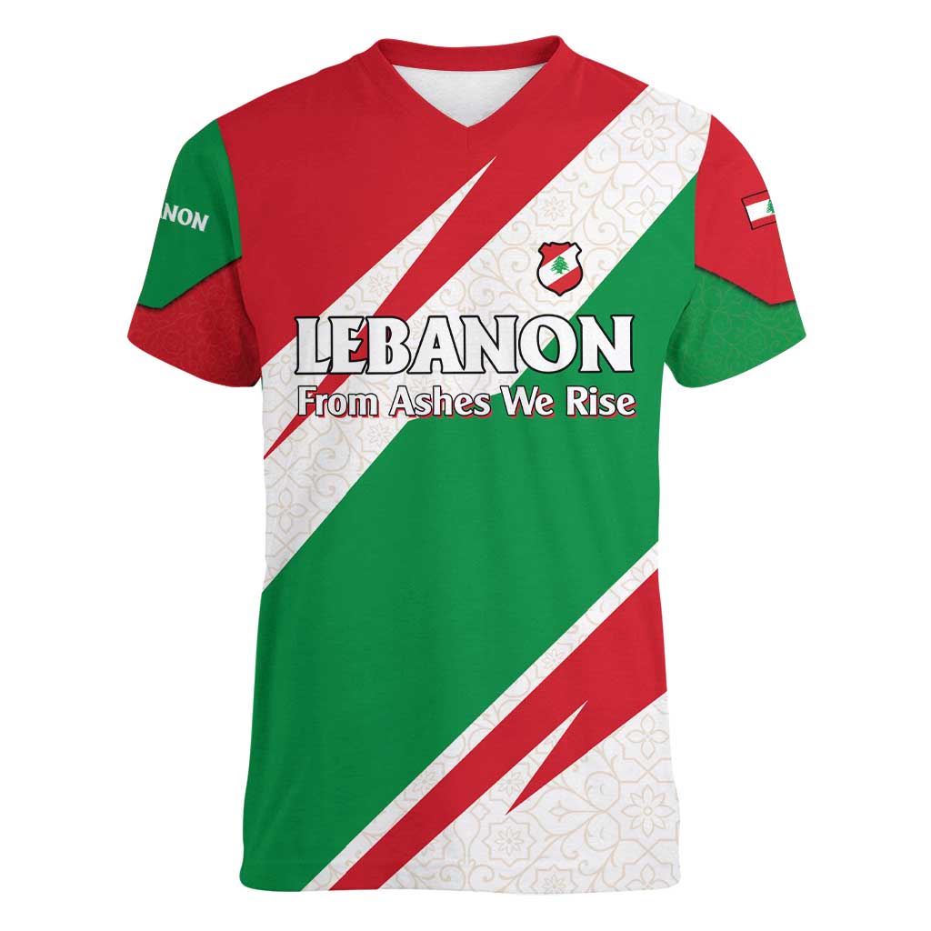 Lebanon Phoenix Women V-Neck T-Shirt with Cedar Flag Colors and Inspirational Quote