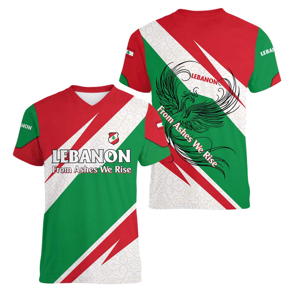 Lebanon Phoenix Women V-Neck T-Shirt with Cedar Flag Colors and Inspirational Quote