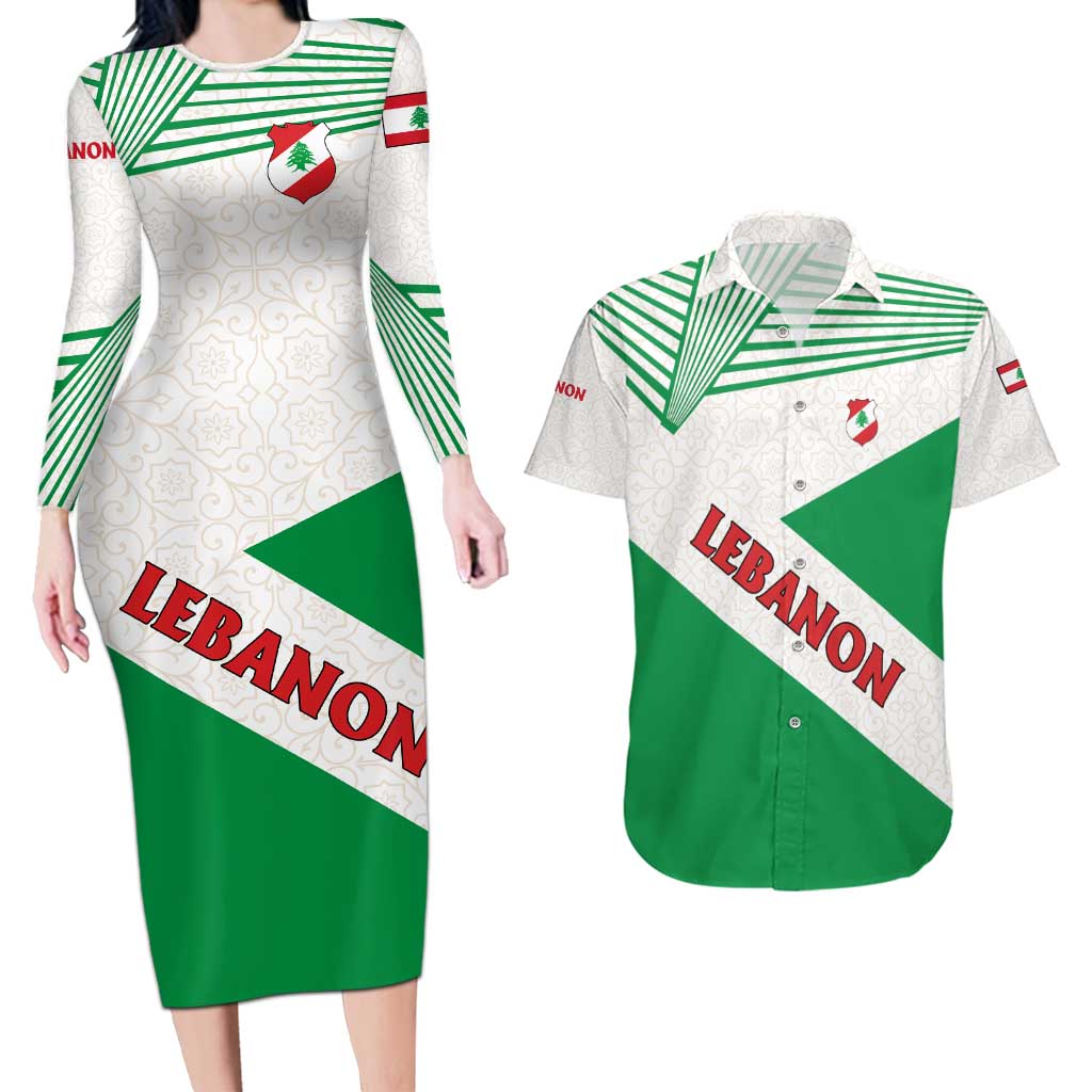 Lebanon Flag Shield Couples Matching Long Sleeve Bodycon Dress and Hawaiian Shirt with Cedar Emblem and National Colors