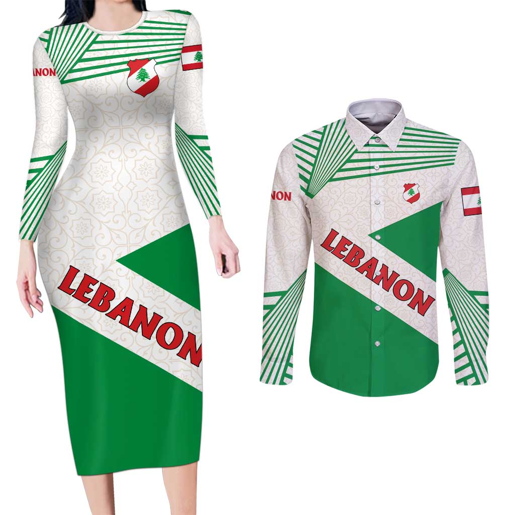 Lebanon Flag Shield Couples Matching Long Sleeve Bodycon Dress and Long Sleeve Button Shirt with Cedar Emblem and National Colors