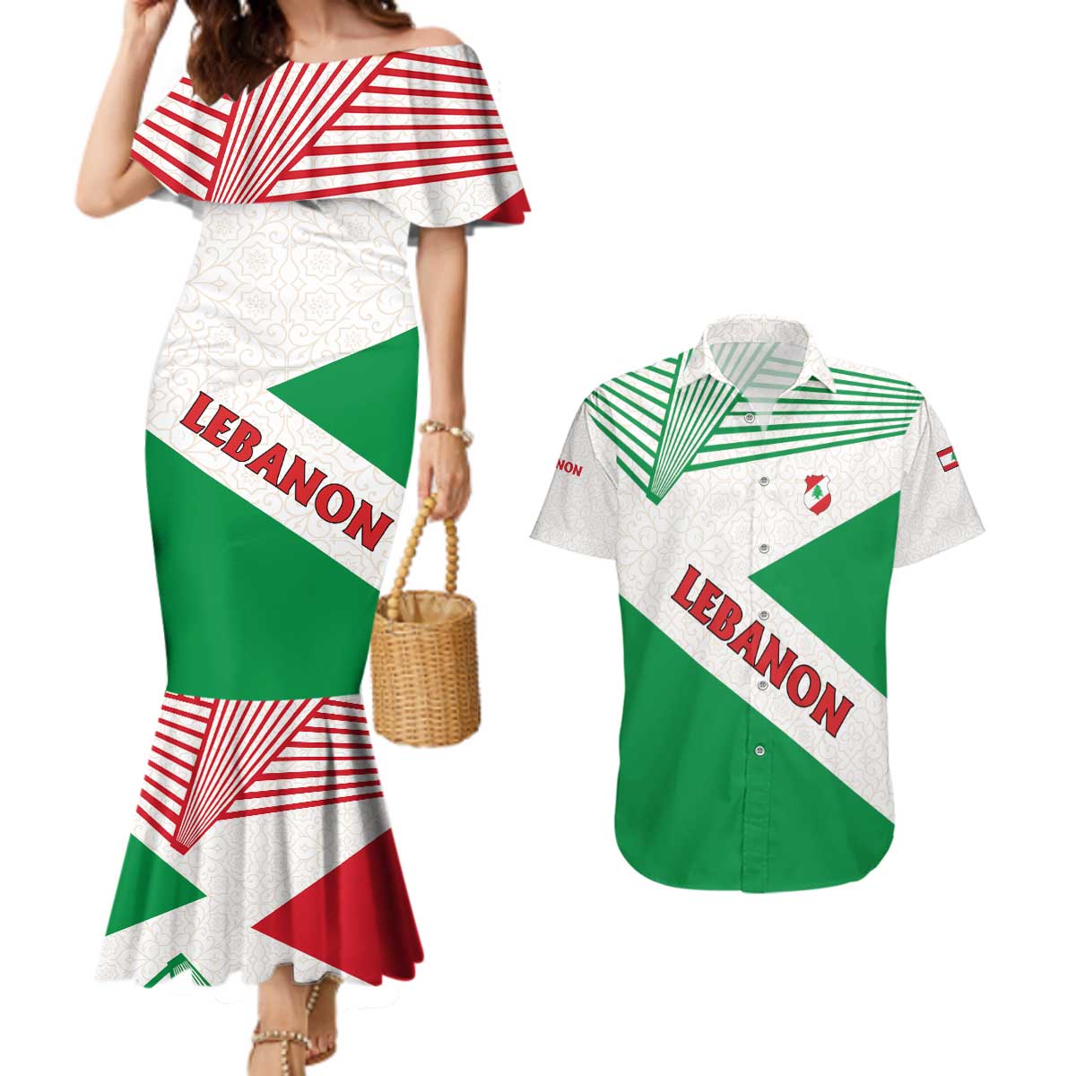 Lebanon Flag Shield Couples Matching Mermaid Dress and Hawaiian Shirt with Cedar Emblem and National Colors