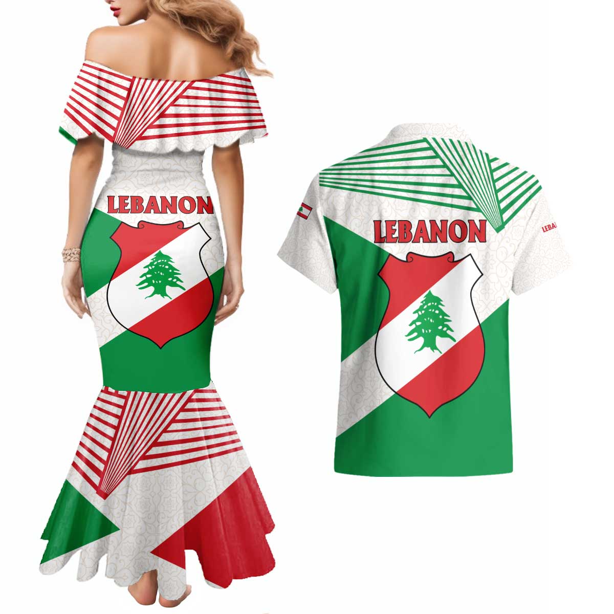 Lebanon Flag Shield Couples Matching Mermaid Dress and Hawaiian Shirt with Cedar Emblem and National Colors