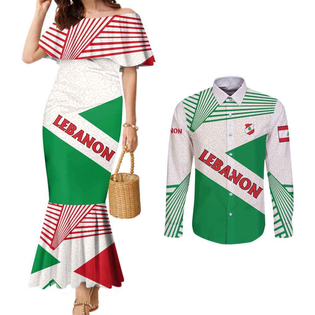 Lebanon Flag Shield Couples Matching Mermaid Dress and Long Sleeve Button Shirt with Cedar Emblem and National Colors