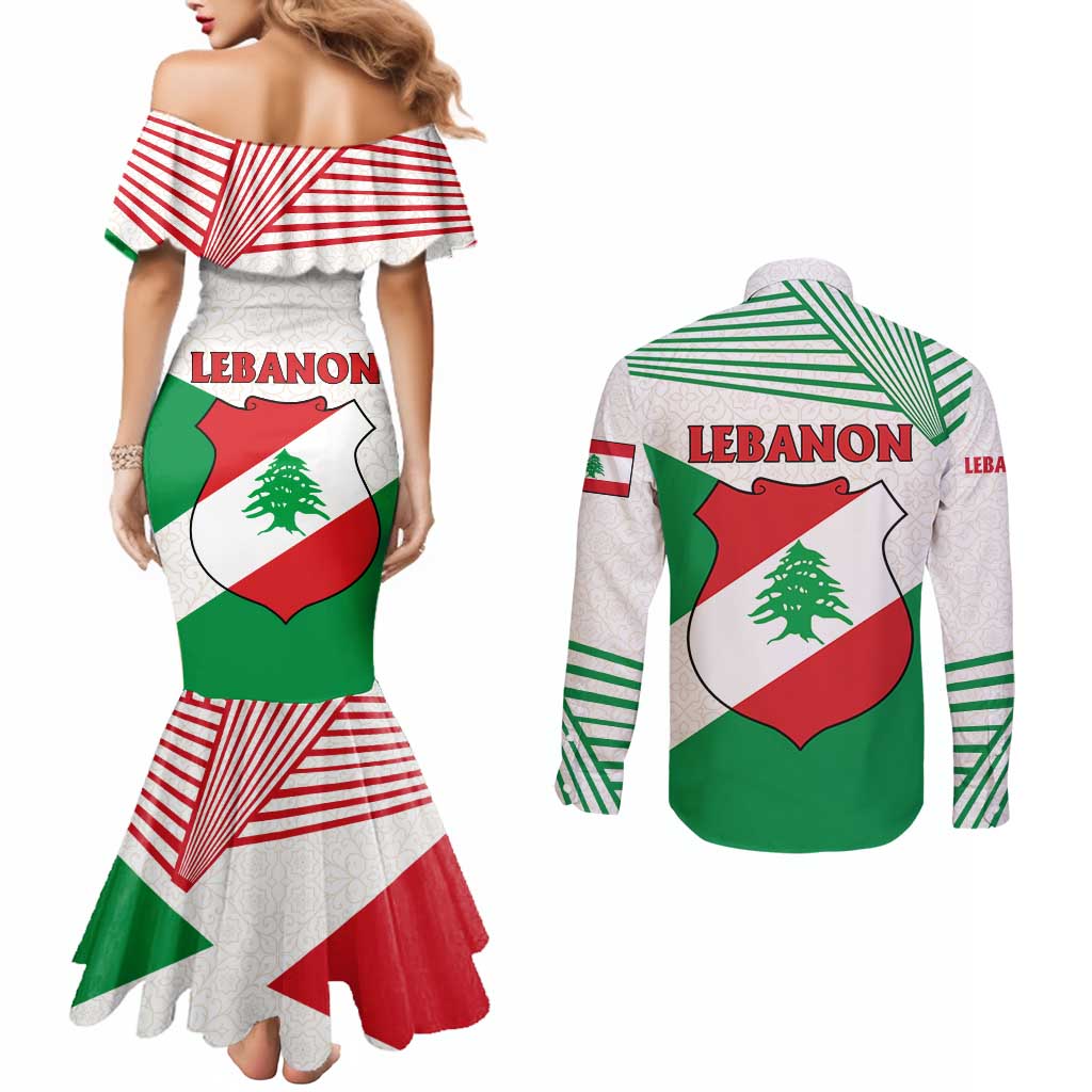 Lebanon Flag Shield Couples Matching Mermaid Dress and Long Sleeve Button Shirt with Cedar Emblem and National Colors
