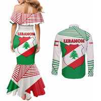 Lebanon Flag Shield Couples Matching Mermaid Dress and Long Sleeve Button Shirt with Cedar Emblem and National Colors