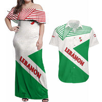 Lebanon Flag Shield Couples Matching Off Shoulder Maxi Dress and Hawaiian Shirt with Cedar Emblem and National Colors