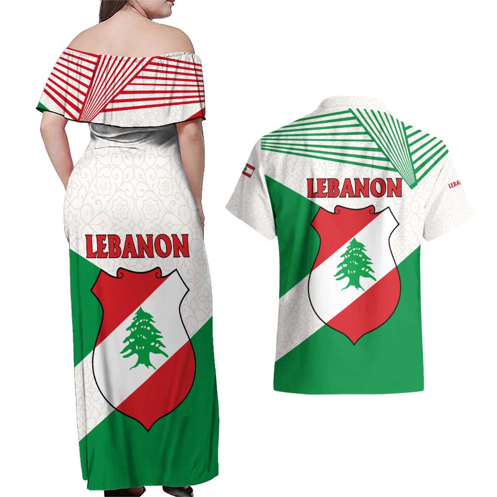 Lebanon Flag Shield Couples Matching Off Shoulder Maxi Dress and Hawaiian Shirt with Cedar Emblem and National Colors