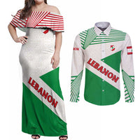 Lebanon Flag Shield Couples Matching Off Shoulder Maxi Dress and Long Sleeve Button Shirt with Cedar Emblem and National Colors