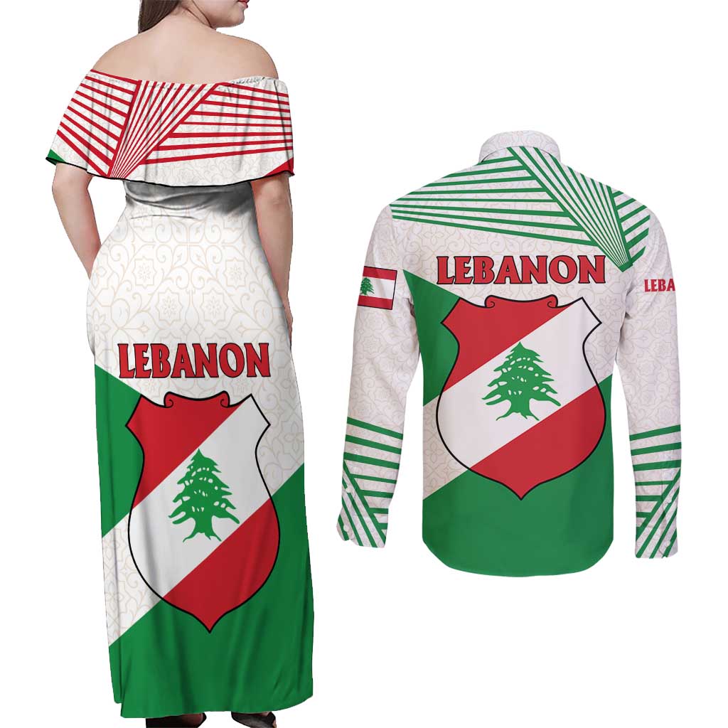 Lebanon Flag Shield Couples Matching Off Shoulder Maxi Dress and Long Sleeve Button Shirt with Cedar Emblem and National Colors