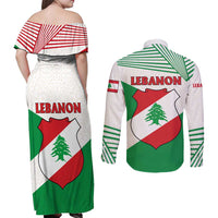 Lebanon Flag Shield Couples Matching Off Shoulder Maxi Dress and Long Sleeve Button Shirt with Cedar Emblem and National Colors