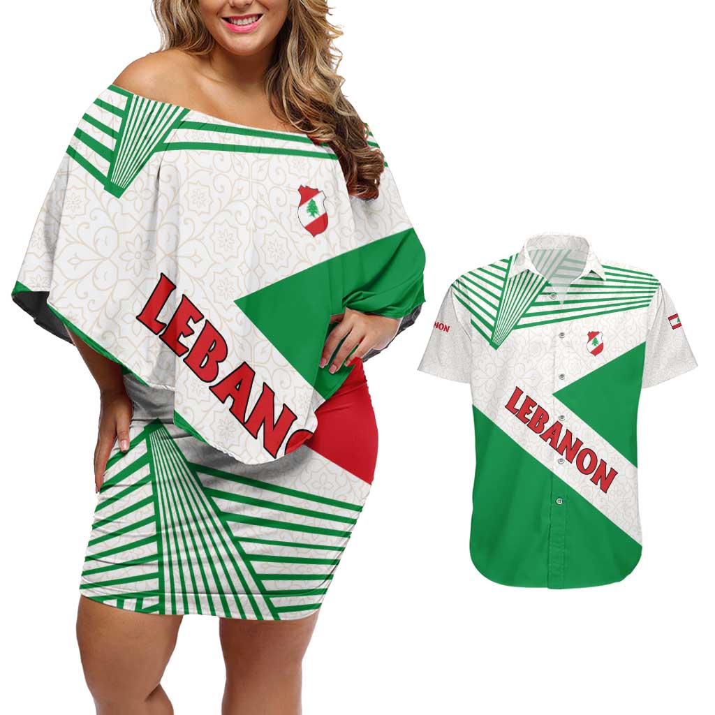 Lebanon Flag Shield Couples Matching Off Shoulder Short Dress and Hawaiian Shirt with Cedar Emblem and National Colors
