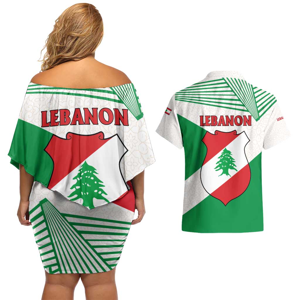 Lebanon Flag Shield Couples Matching Off Shoulder Short Dress and Hawaiian Shirt with Cedar Emblem and National Colors
