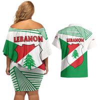 Lebanon Flag Shield Couples Matching Off Shoulder Short Dress and Hawaiian Shirt with Cedar Emblem and National Colors