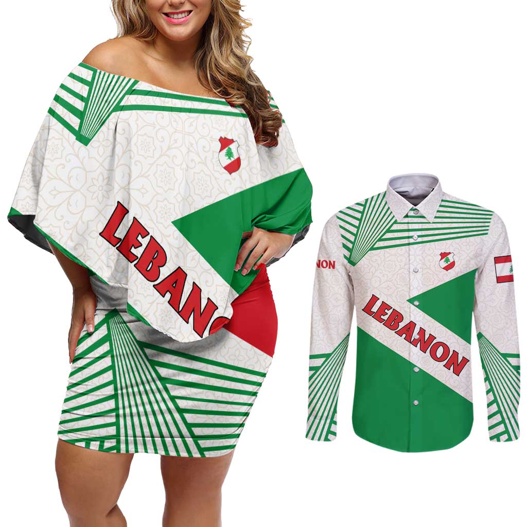 Lebanon Flag Shield Couples Matching Off Shoulder Short Dress and Long Sleeve Button Shirt with Cedar Emblem and National Colors