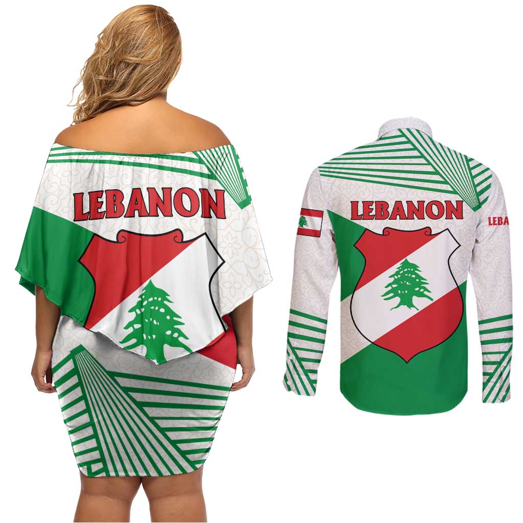 Lebanon Flag Shield Couples Matching Off Shoulder Short Dress and Long Sleeve Button Shirt with Cedar Emblem and National Colors