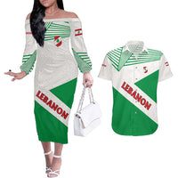 Lebanon Flag Shield Couples Matching Off The Shoulder Long Sleeve Dress and Hawaiian Shirt with Cedar Emblem and National Colors