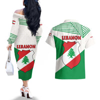 Lebanon Flag Shield Couples Matching Off The Shoulder Long Sleeve Dress and Hawaiian Shirt with Cedar Emblem and National Colors