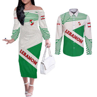 Lebanon Flag Shield Couples Matching Off The Shoulder Long Sleeve Dress and Long Sleeve Button Shirt with Cedar Emblem and National Colors
