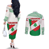 Lebanon Flag Shield Couples Matching Off The Shoulder Long Sleeve Dress and Long Sleeve Button Shirt with Cedar Emblem and National Colors