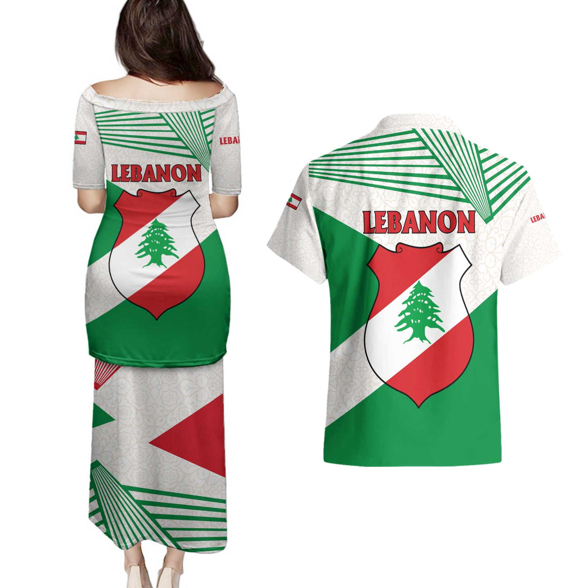 Lebanon Flag Shield Couples Matching Puletasi and Hawaiian Shirt with Cedar Emblem and National Colors