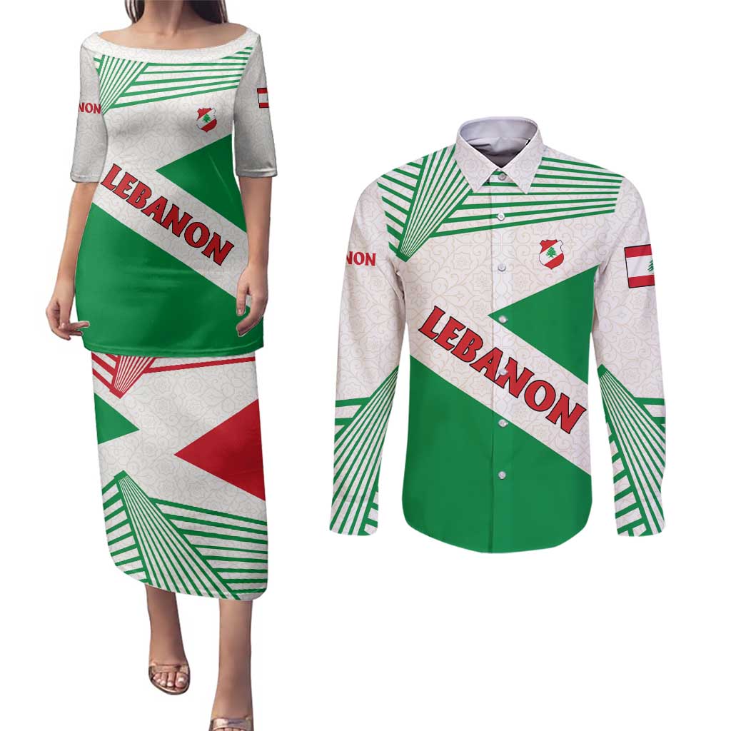 Lebanon Flag Shield Couples Matching Puletasi and Long Sleeve Button Shirt with Cedar Emblem and National Colors