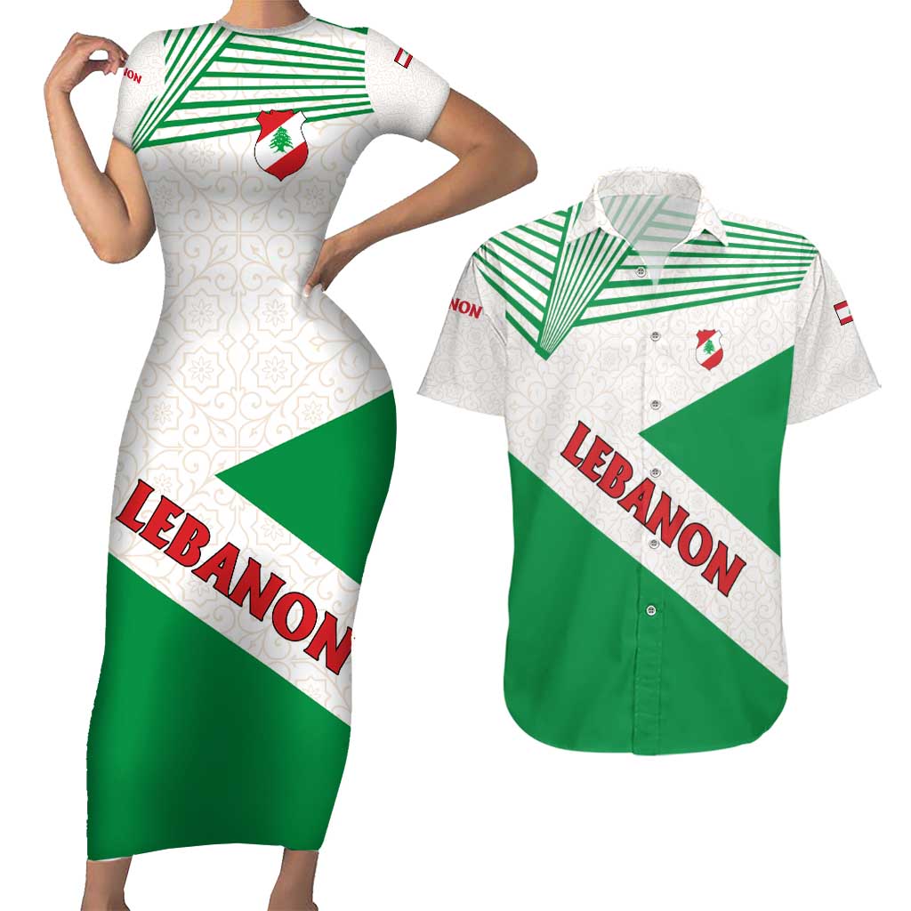 Lebanon Flag Shield Couples Matching Short Sleeve Bodycon Dress and Hawaiian Shirt with Cedar Emblem and National Colors