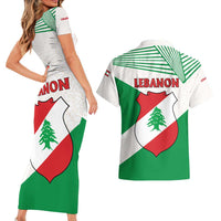 Lebanon Flag Shield Couples Matching Short Sleeve Bodycon Dress and Hawaiian Shirt with Cedar Emblem and National Colors