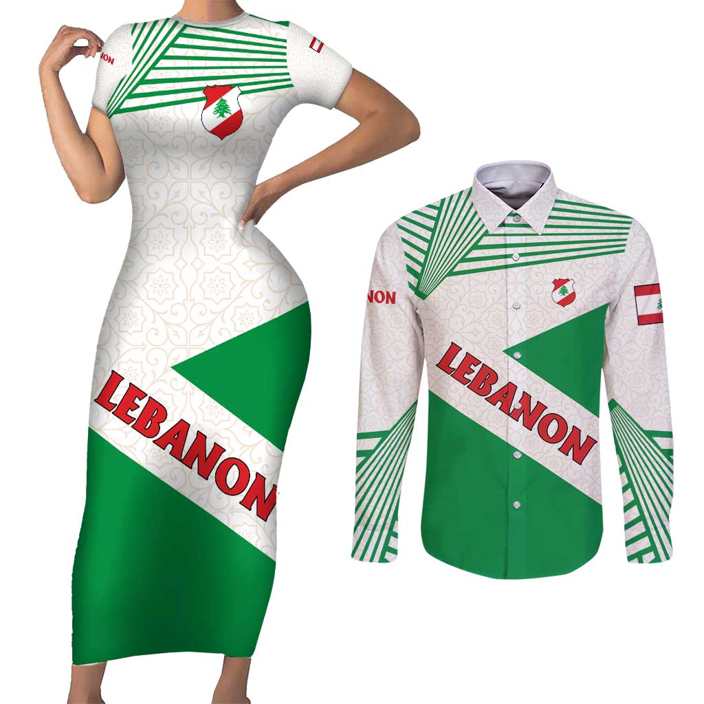 Lebanon Flag Shield Couples Matching Short Sleeve Bodycon Dress and Long Sleeve Button Shirt with Cedar Emblem and National Colors