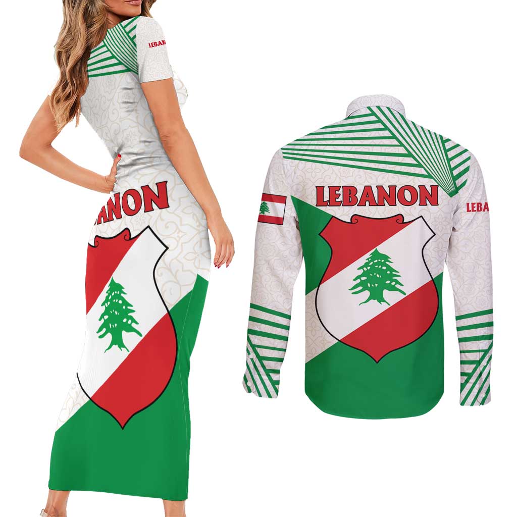 Lebanon Flag Shield Couples Matching Short Sleeve Bodycon Dress and Long Sleeve Button Shirt with Cedar Emblem and National Colors