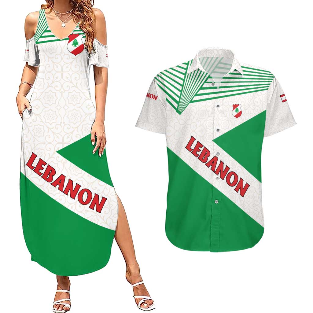 Lebanon Flag Shield Couples Matching Summer Maxi Dress and Hawaiian Shirt with Cedar Emblem and National Colors