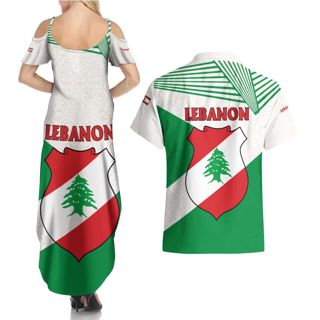 Lebanon Flag Shield Couples Matching Summer Maxi Dress and Hawaiian Shirt with Cedar Emblem and National Colors