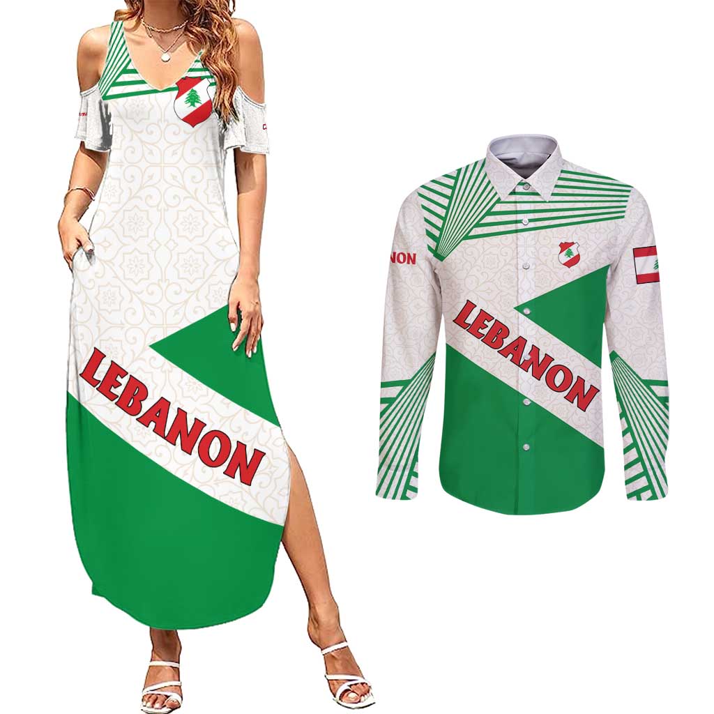 Lebanon Flag Shield Couples Matching Summer Maxi Dress and Long Sleeve Button Shirt with Cedar Emblem and National Colors